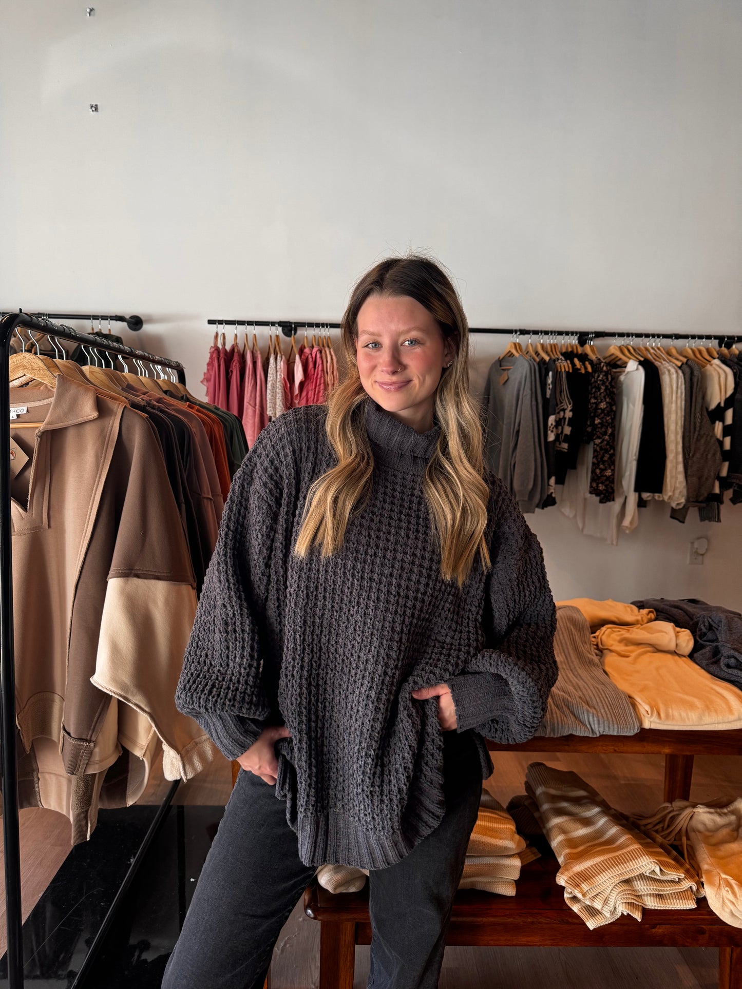 Charcoal Box Weave Chunky Knit Sweater