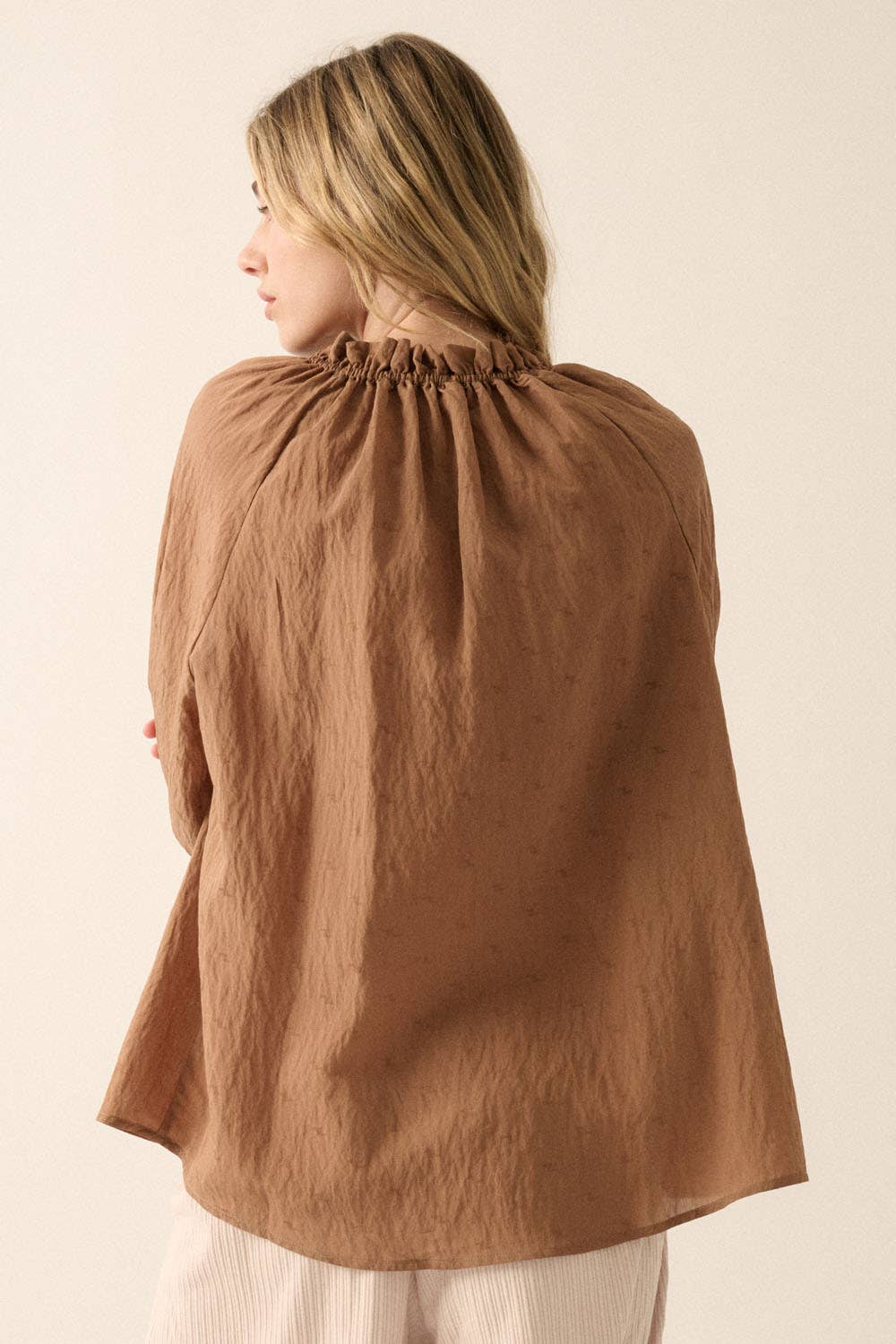 Solid Jacquard Lantern-Sleeve Button-Up Blouse