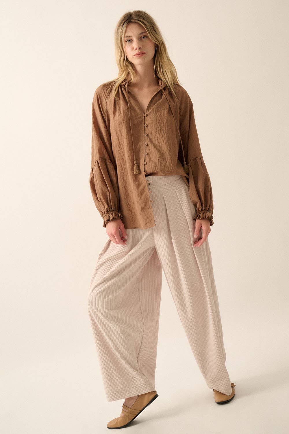 Solid Jacquard Lantern-Sleeve Button-Up Blouse
