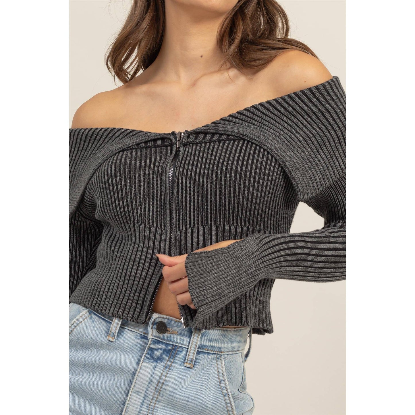 HF24F769-Washed Off-Shoulder Zip-Front Sweater Top