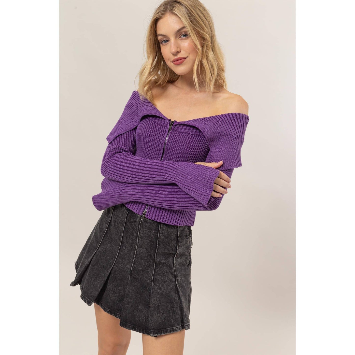 HF24F769-Washed Off-Shoulder Zip-Front Sweater Top