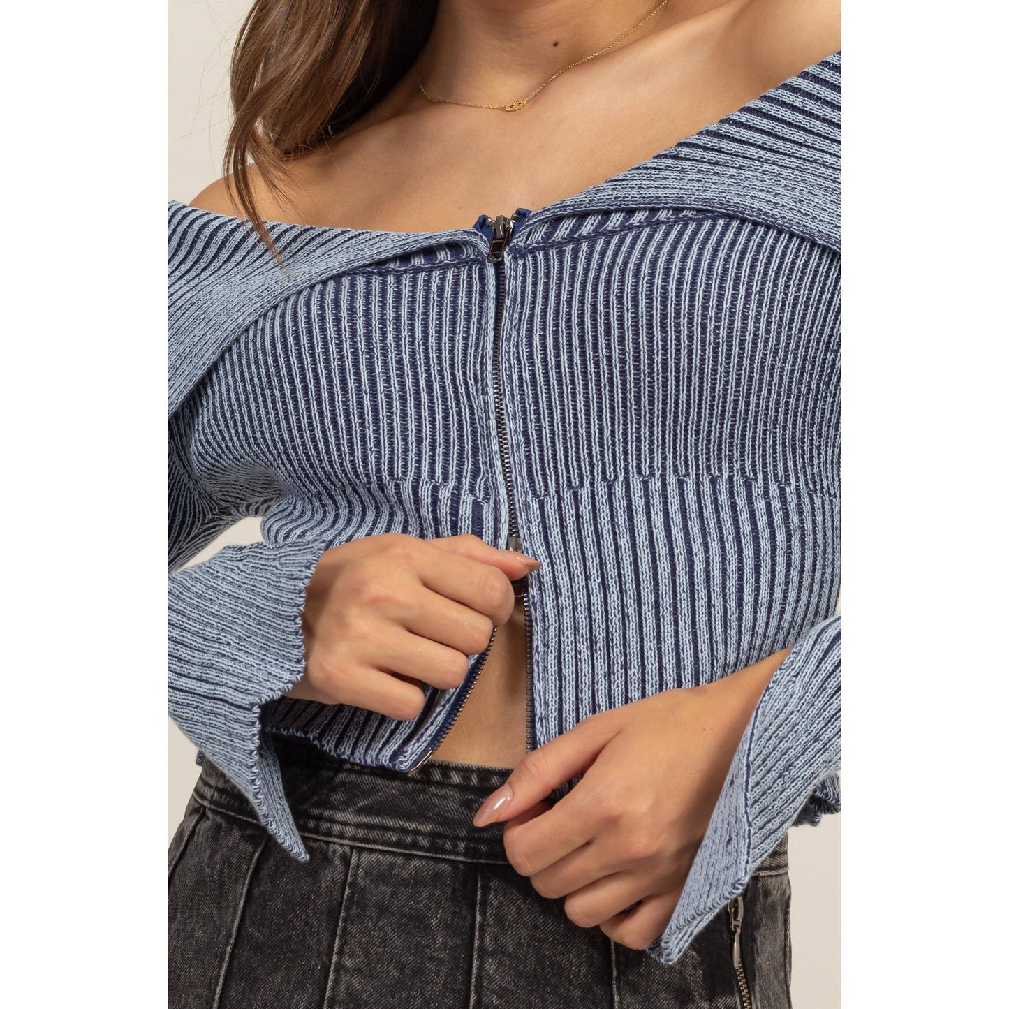 HF24F769-Washed Off-Shoulder Zip-Front Sweater Top