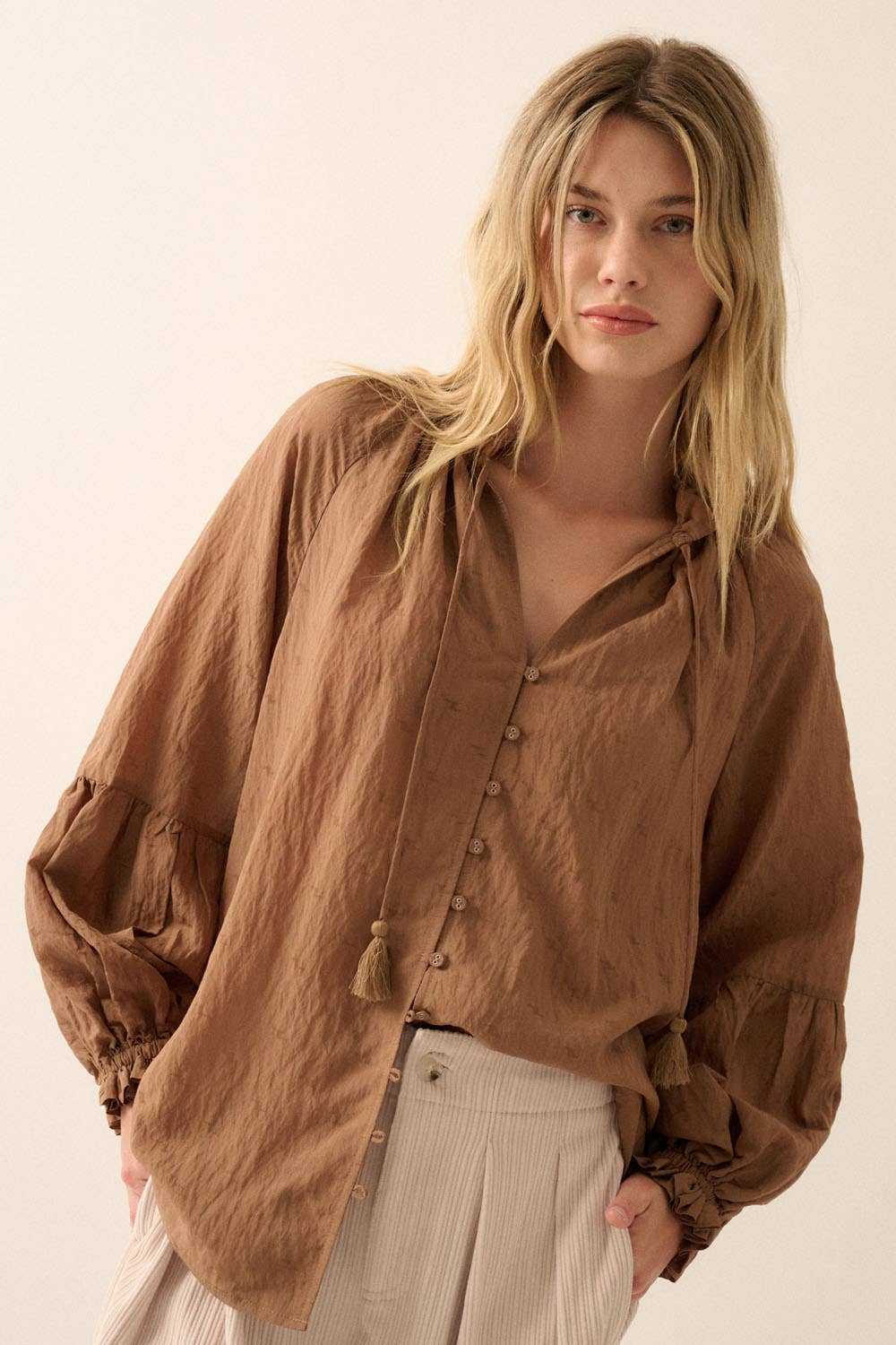 Solid Jacquard Lantern-Sleeve Button-Up Blouse