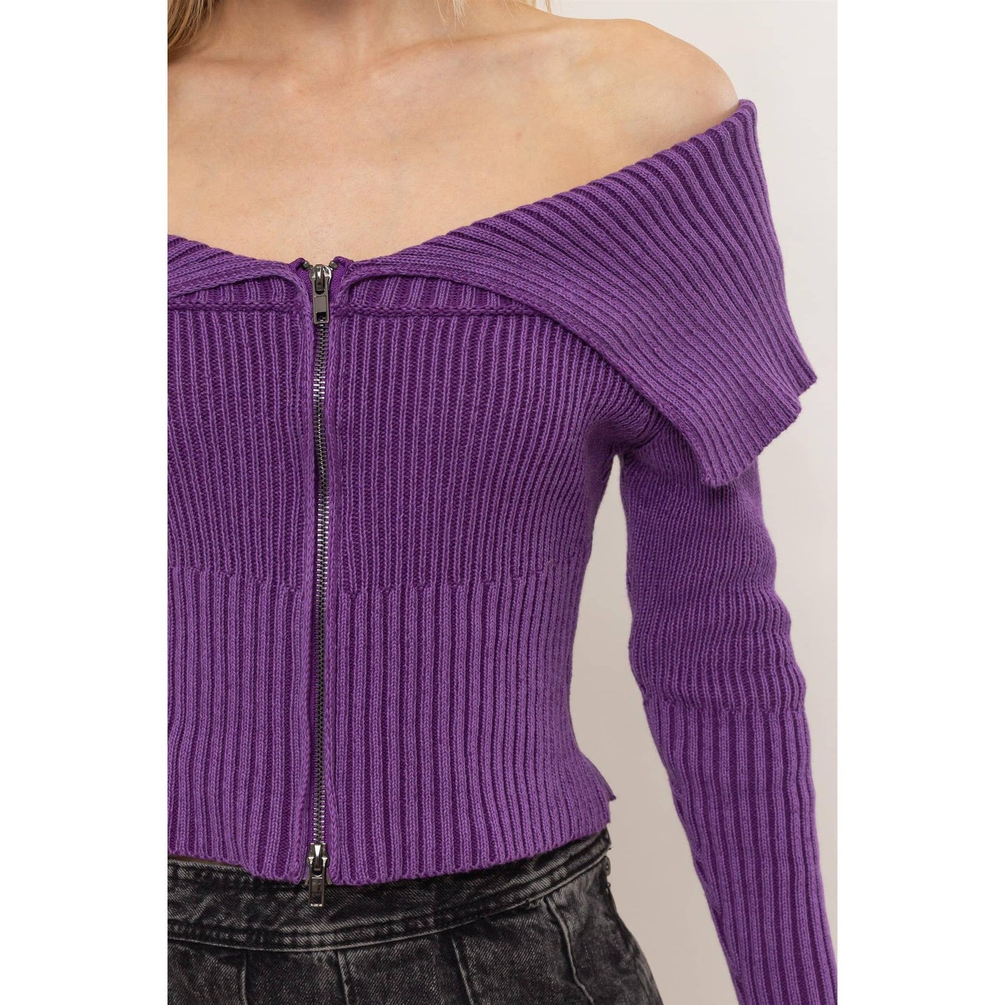 HF24F769-Washed Off-Shoulder Zip-Front Sweater Top