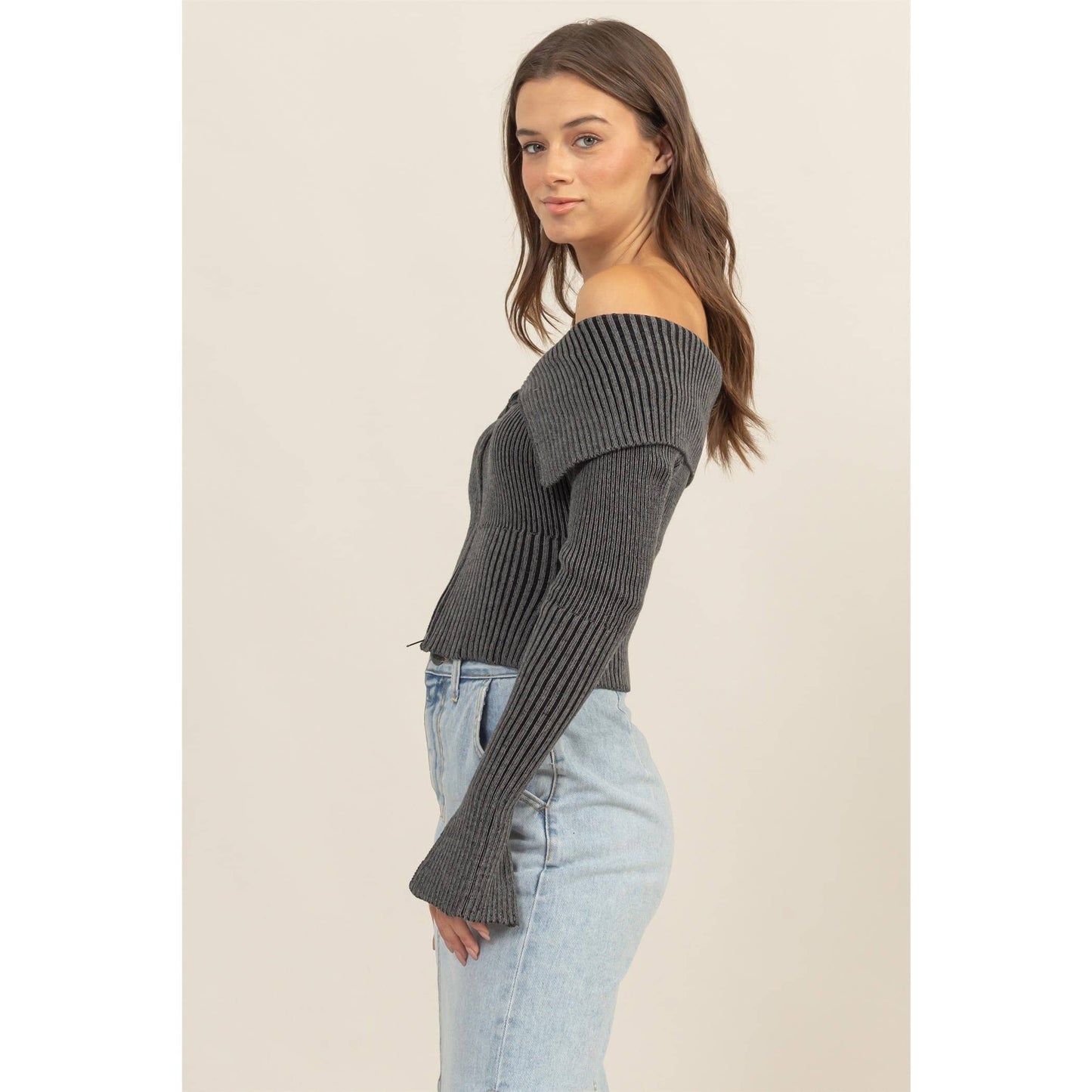 HF24F769-Washed Off-Shoulder Zip-Front Sweater Top