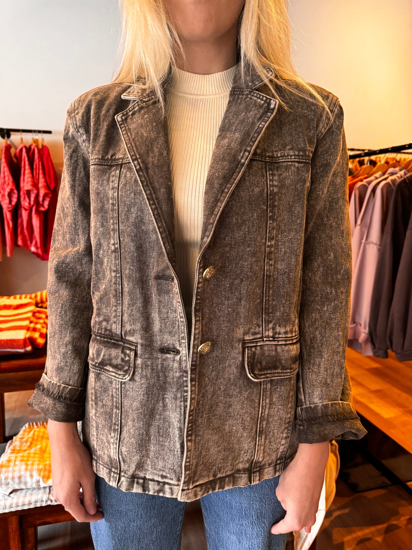 Brown washed denim blazer jacket