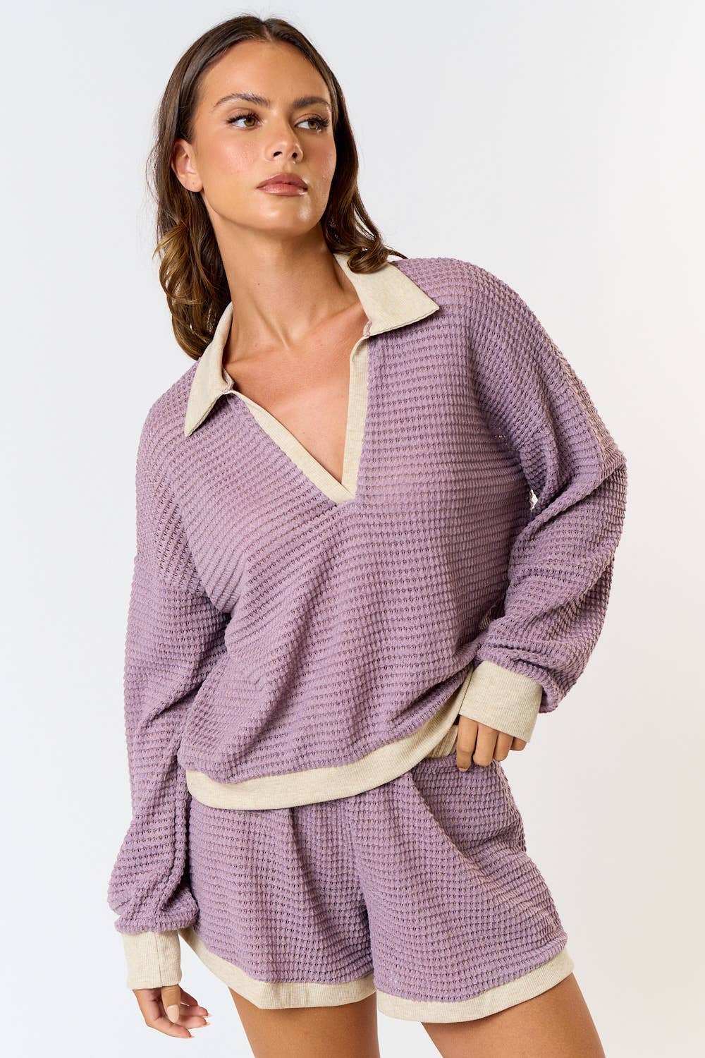 BT25102 WAFFLE KNIT COLOR BLOCK POLO TOP