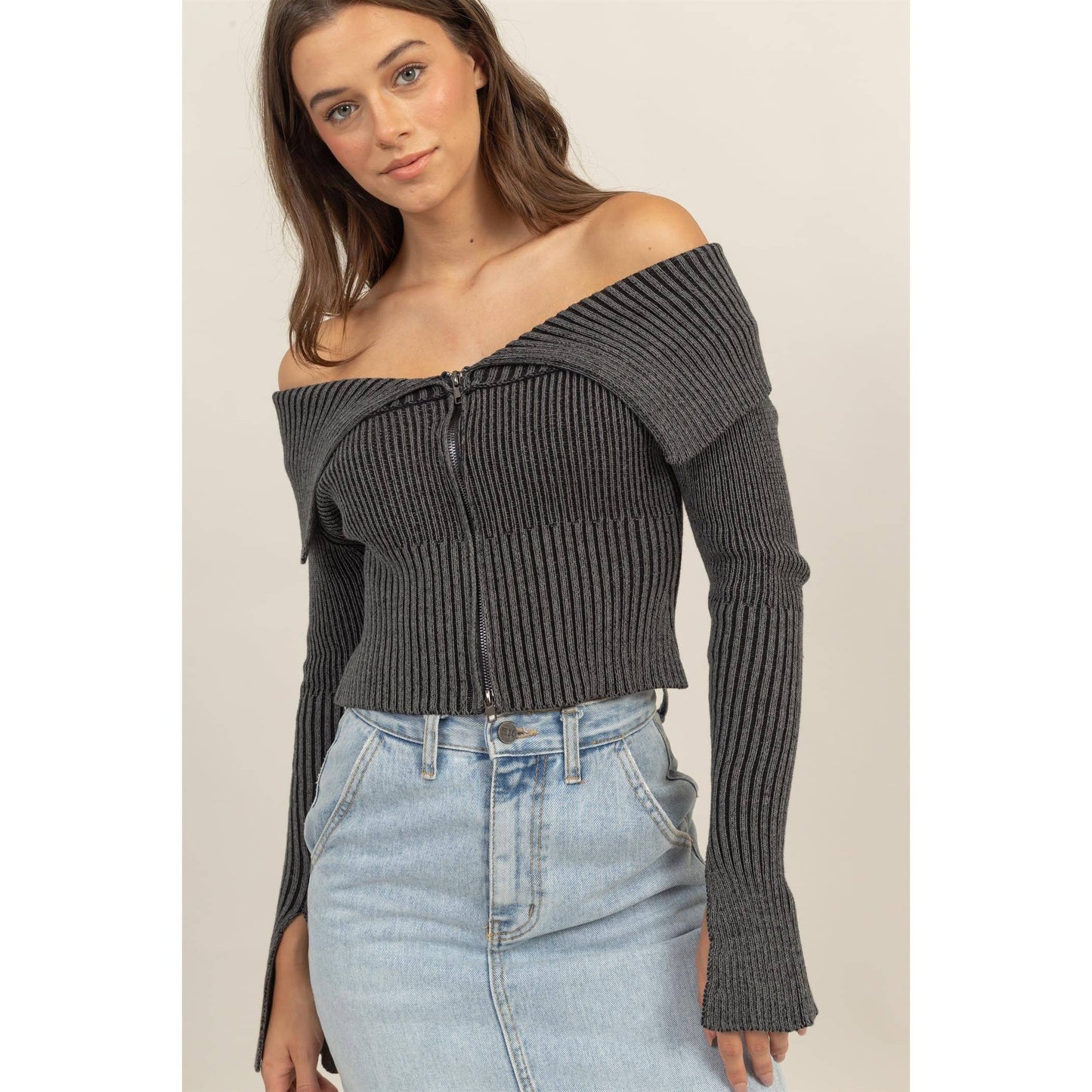 HF24F769-Washed Off-Shoulder Zip-Front Sweater Top