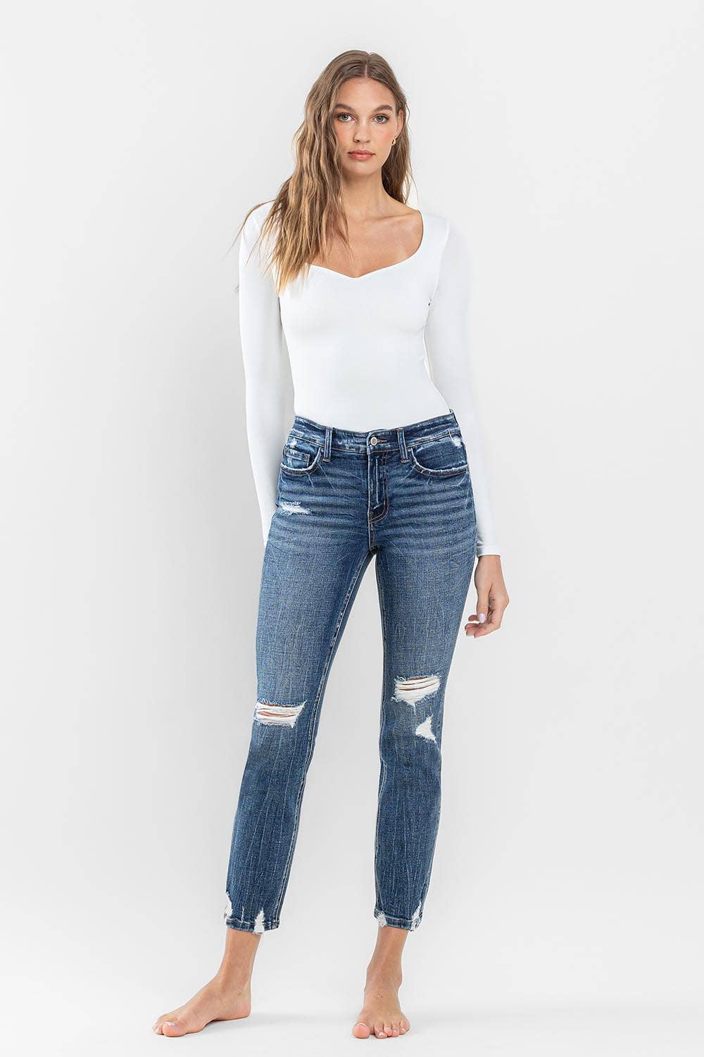 MID RISE DISTRESSED CROP SLIM STRAIGHT JEANS F5297