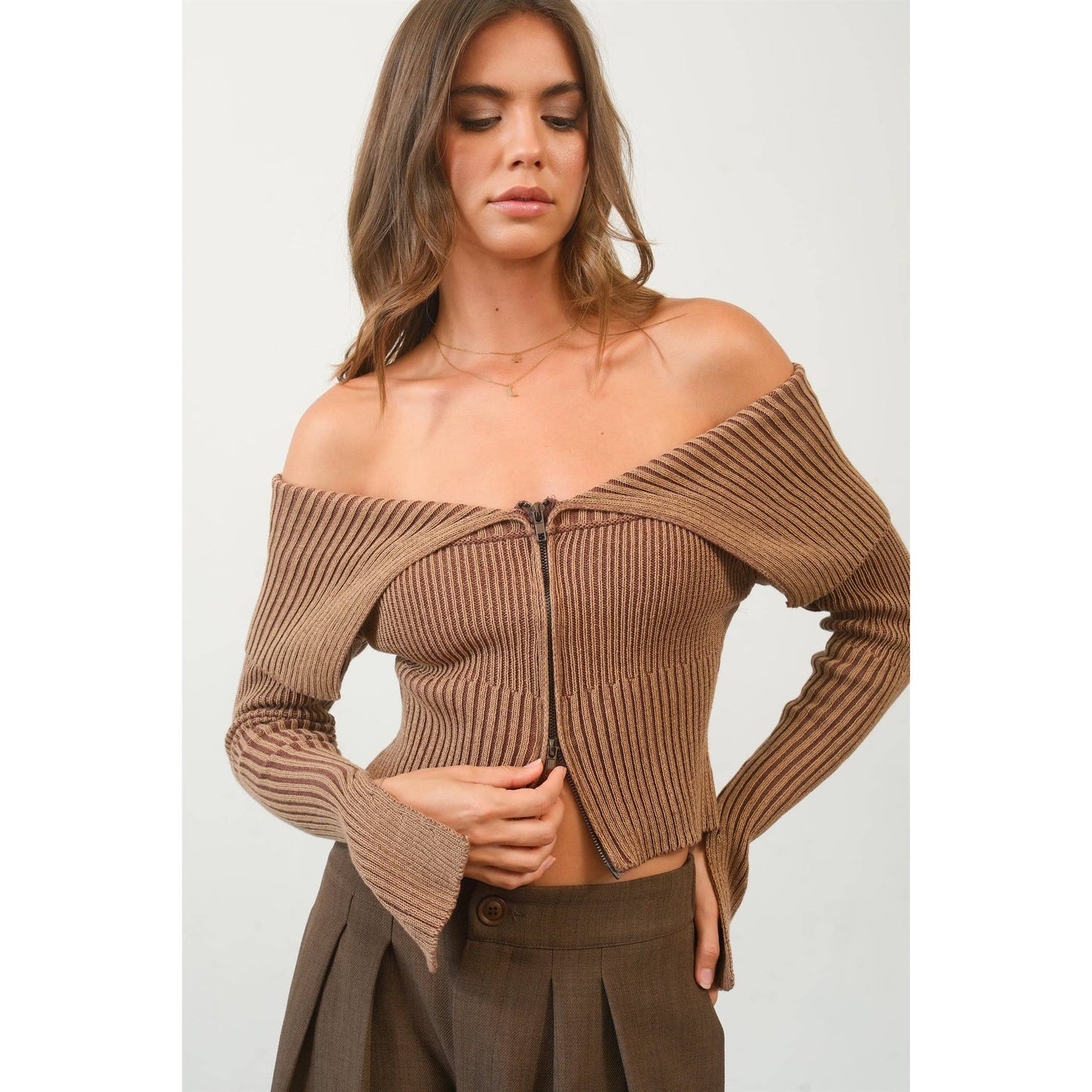 HF24F769-Washed Off-Shoulder Zip-Front Sweater Top