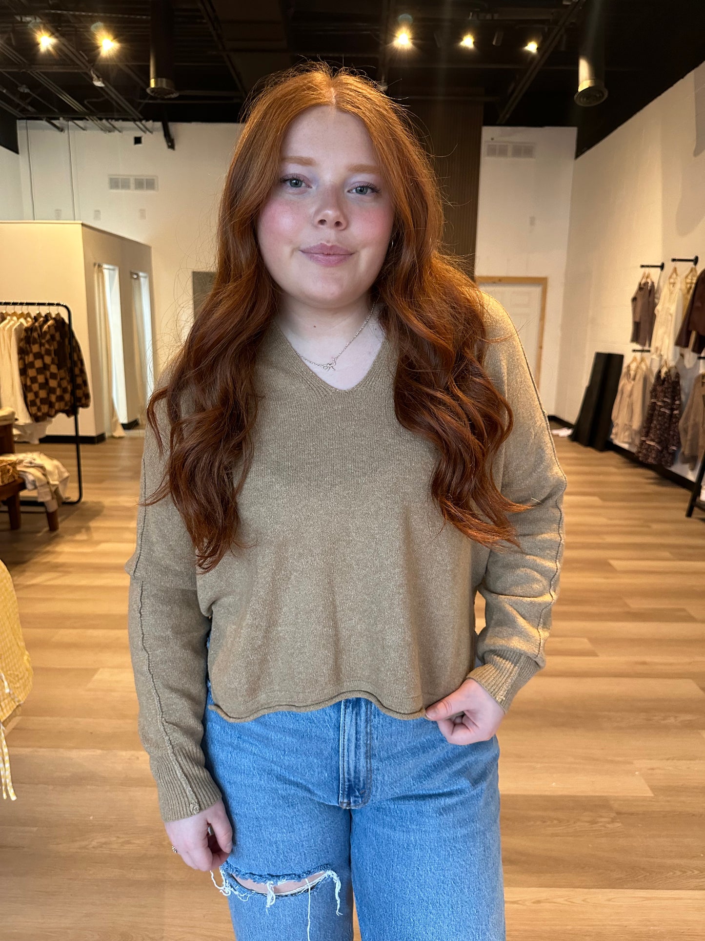 Exposed Seam Split Neck Sweater