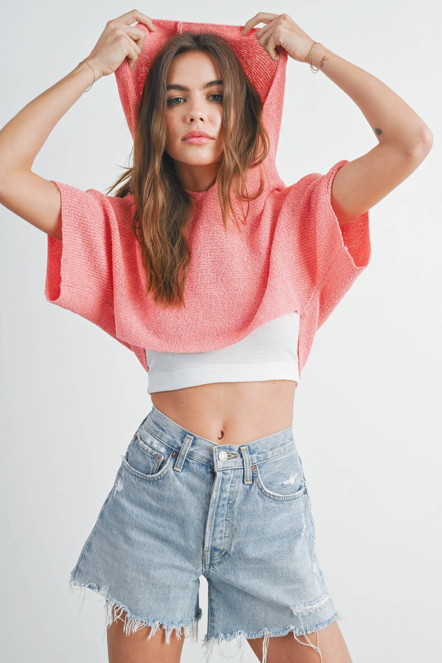 HOODIE DROP SHOULDER CROP SWEATER TOP - BMT2254