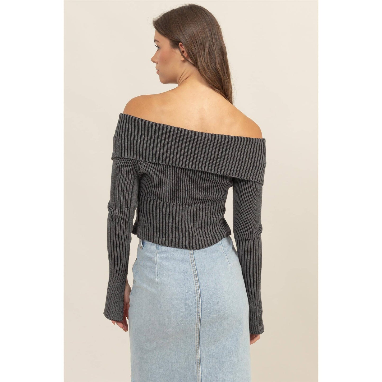 HF24F769-Washed Off-Shoulder Zip-Front Sweater Top