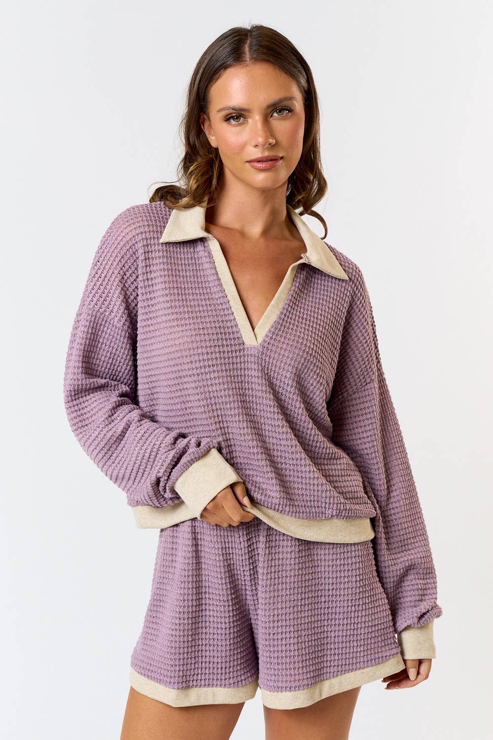 BT25102 WAFFLE KNIT COLOR BLOCK POLO TOP