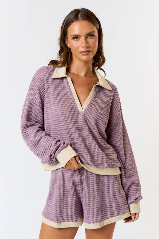 BT25102 WAFFLE KNIT COLOR BLOCK POLO TOP