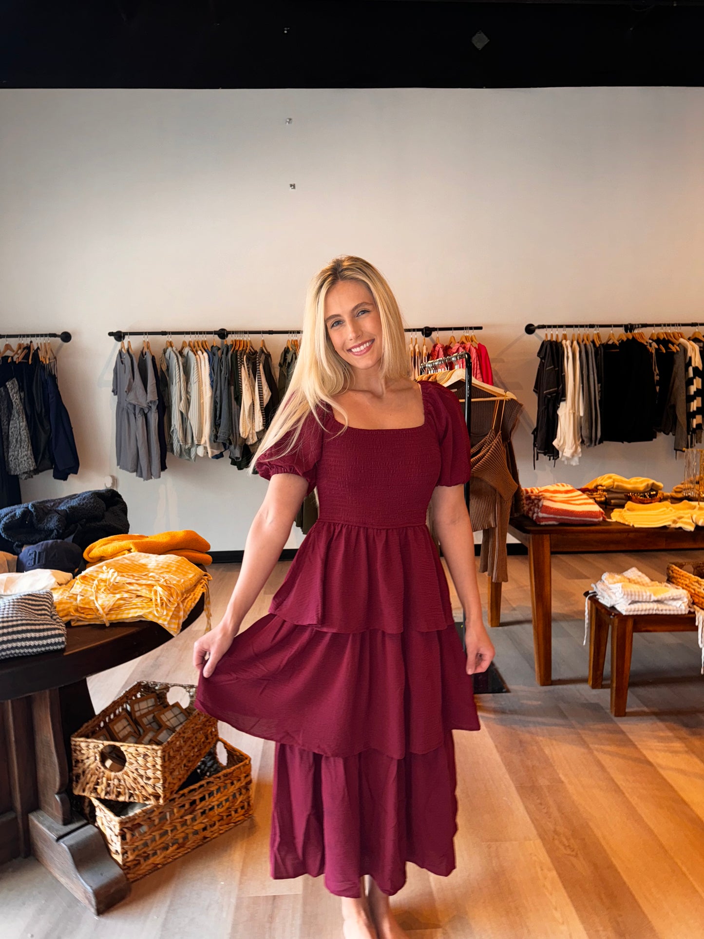 Hill Berry Tiered Dress - BURGUNDY / L Hill Berry Tiered Dress - BURGUNDY / L