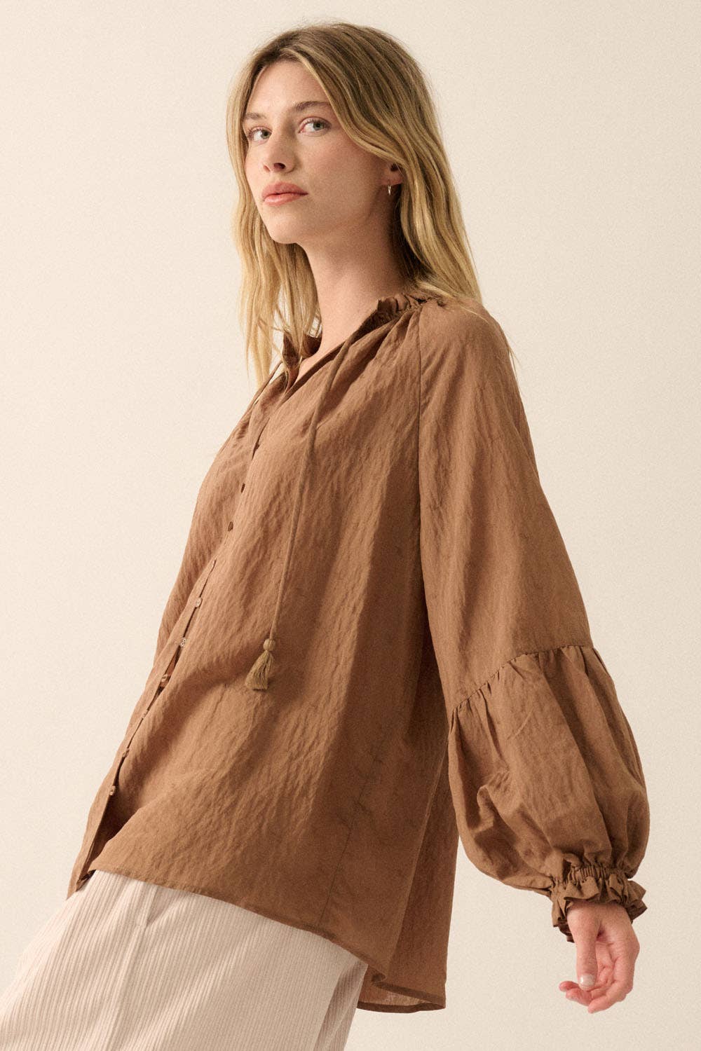 Solid Jacquard Lantern-Sleeve Button-Up Blouse