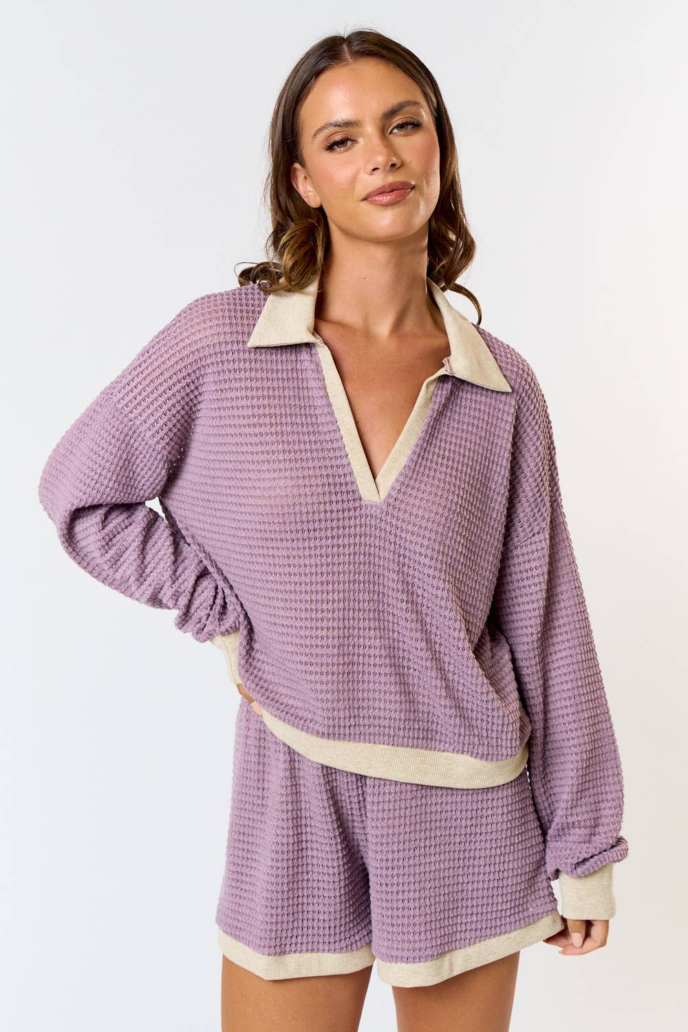 BT25102 WAFFLE KNIT COLOR BLOCK POLO TOP