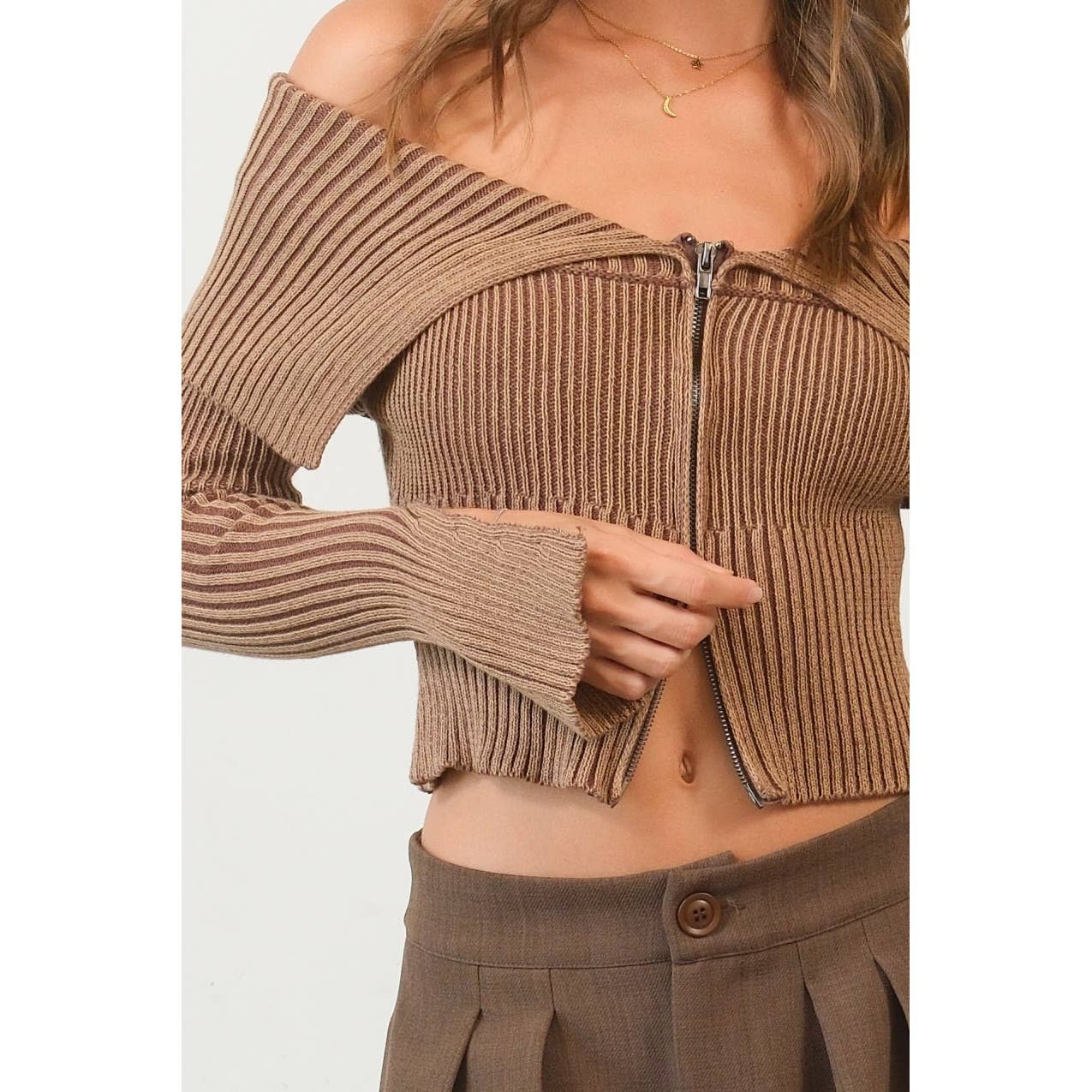 HF24F769-Washed Off-Shoulder Zip-Front Sweater Top