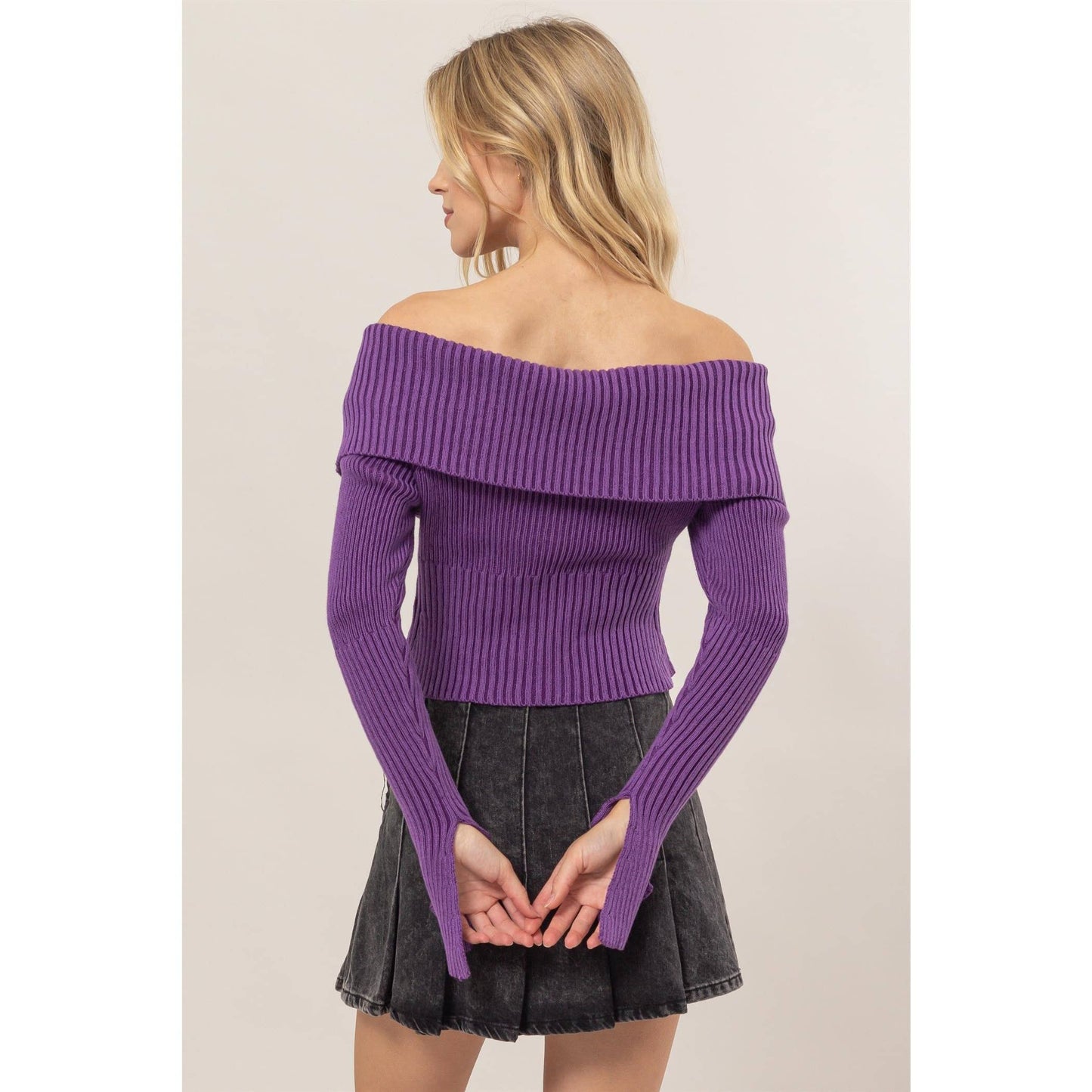 HF24F769-Washed Off-Shoulder Zip-Front Sweater Top