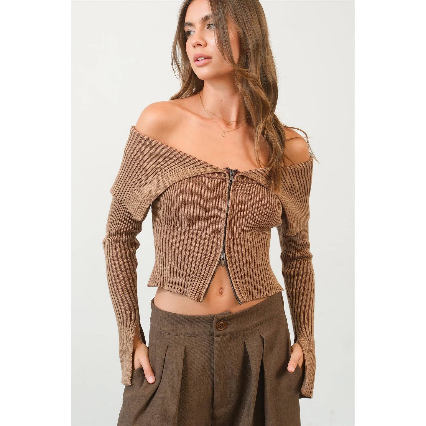 HF24F769-Washed Off-Shoulder Zip-Front Sweater Top