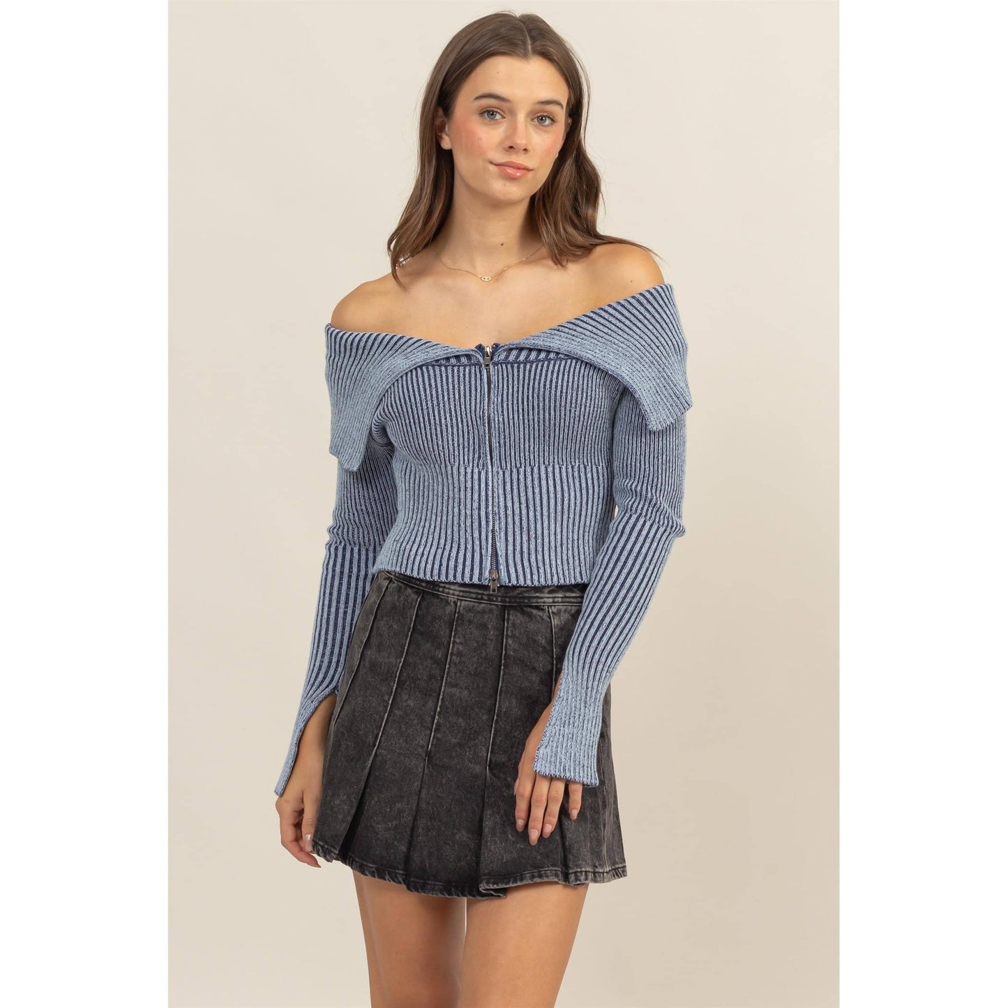 HF24F769-Washed Off-Shoulder Zip-Front Sweater Top