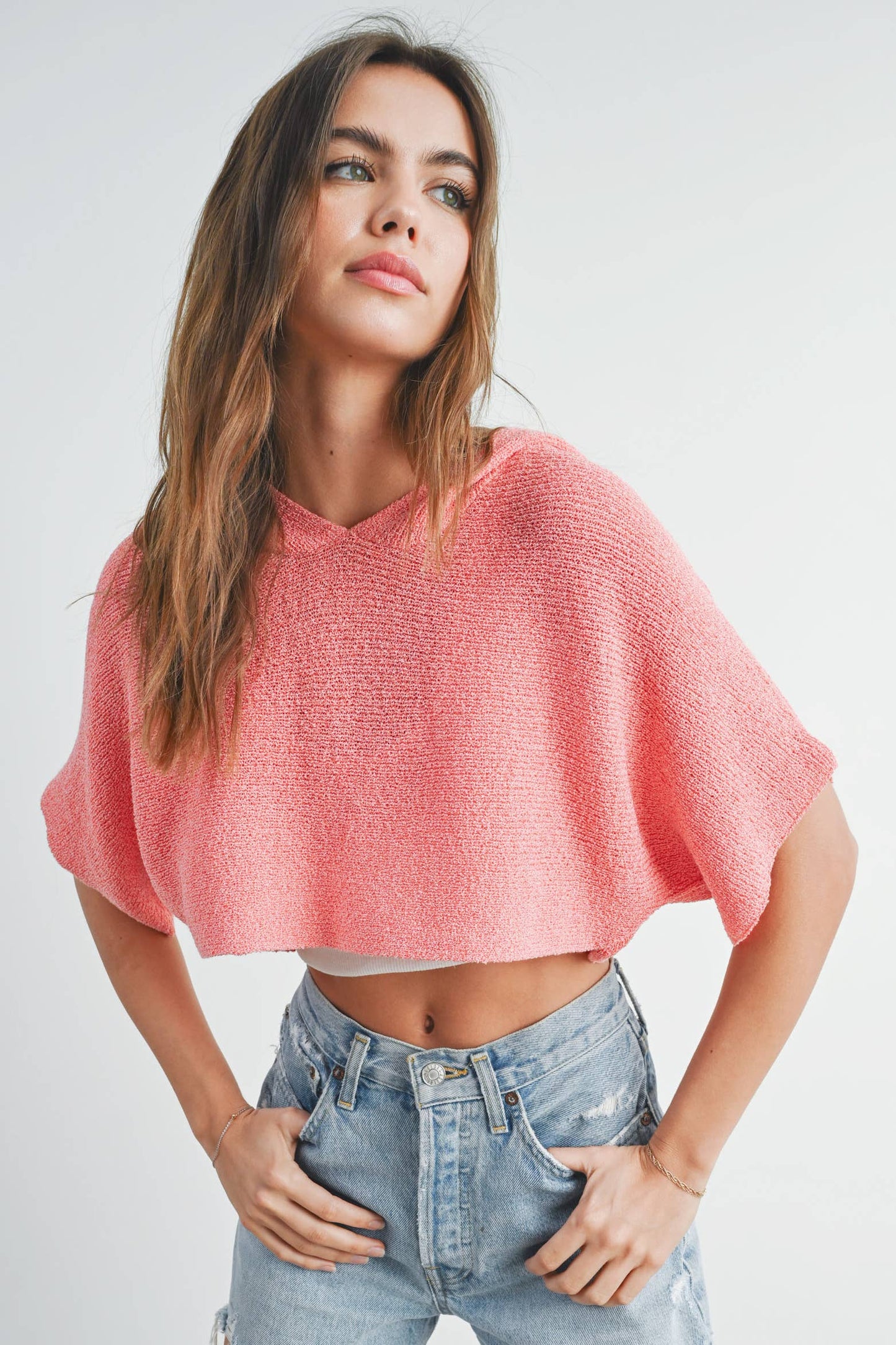 HOODIE DROP SHOULDER CROP SWEATER TOP - BMT2254