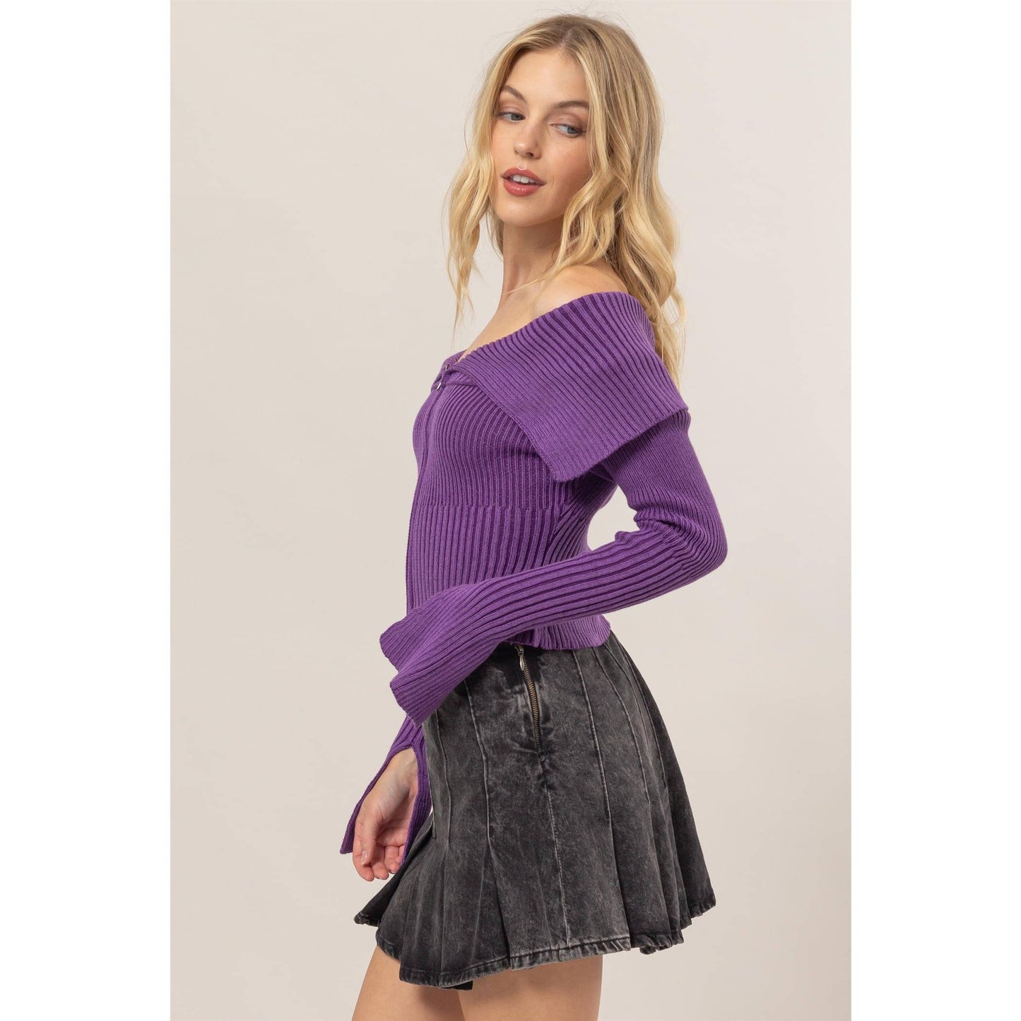 HF24F769-Washed Off-Shoulder Zip-Front Sweater Top