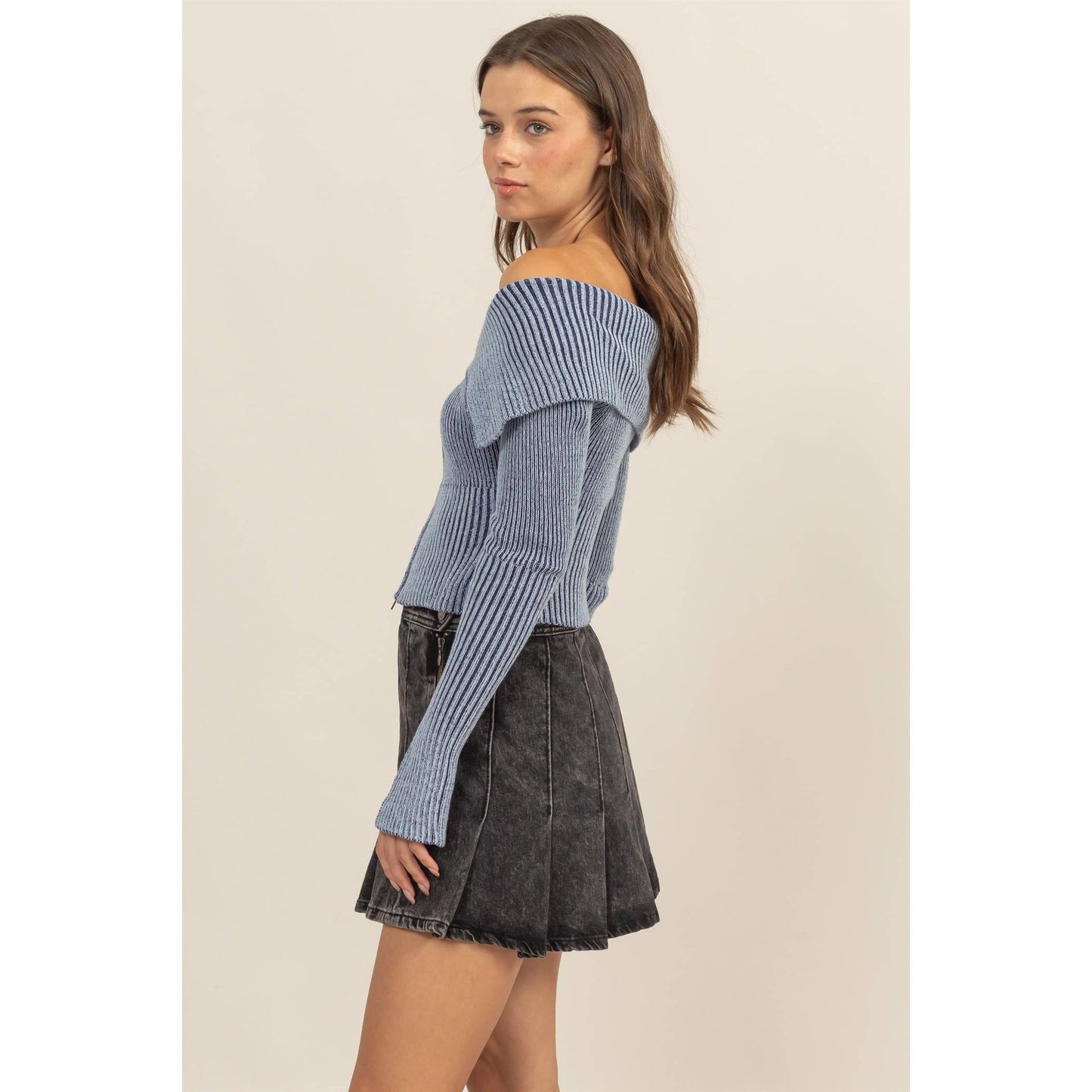 HF24F769-Washed Off-Shoulder Zip-Front Sweater Top