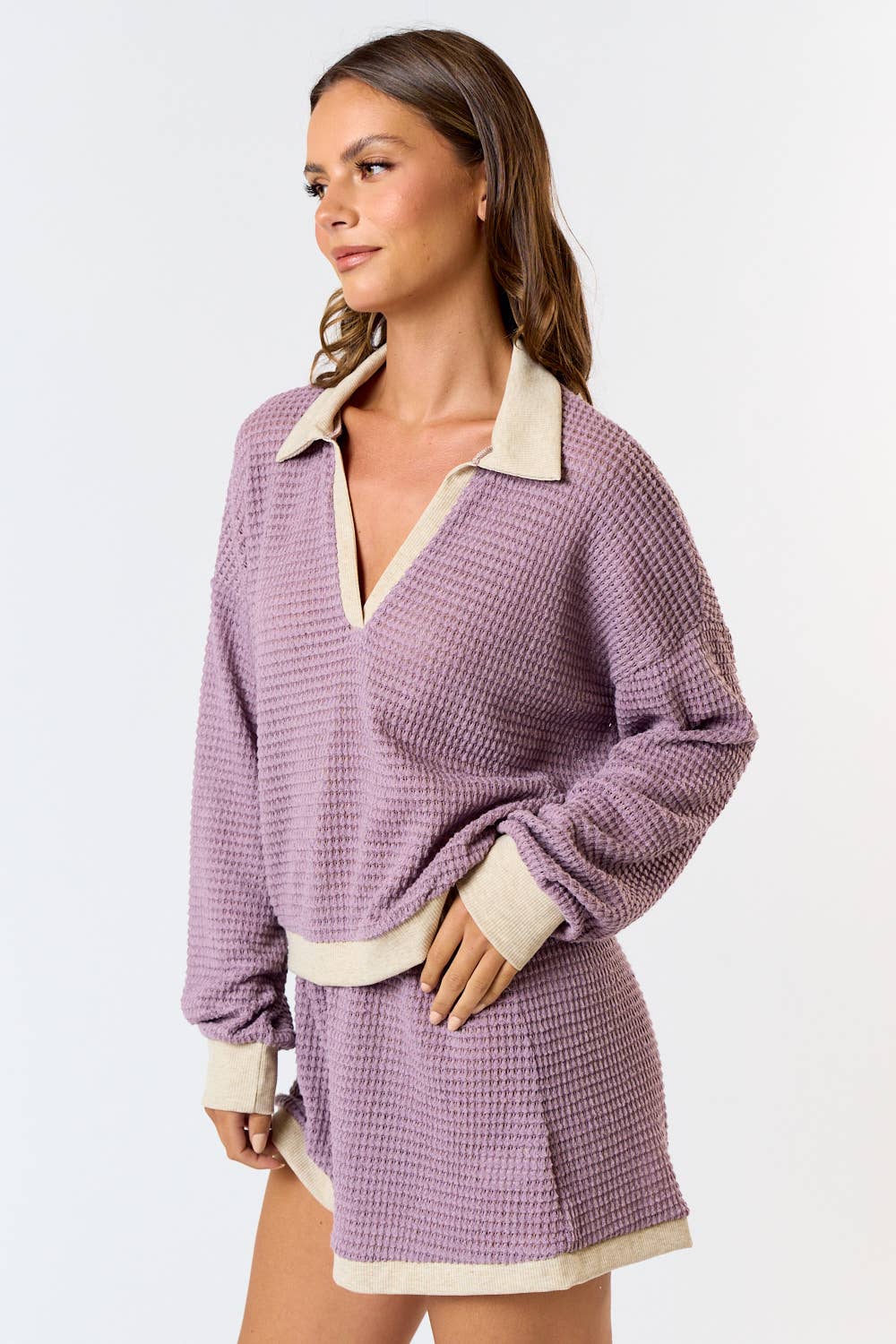 BT25102 WAFFLE KNIT COLOR BLOCK POLO TOP