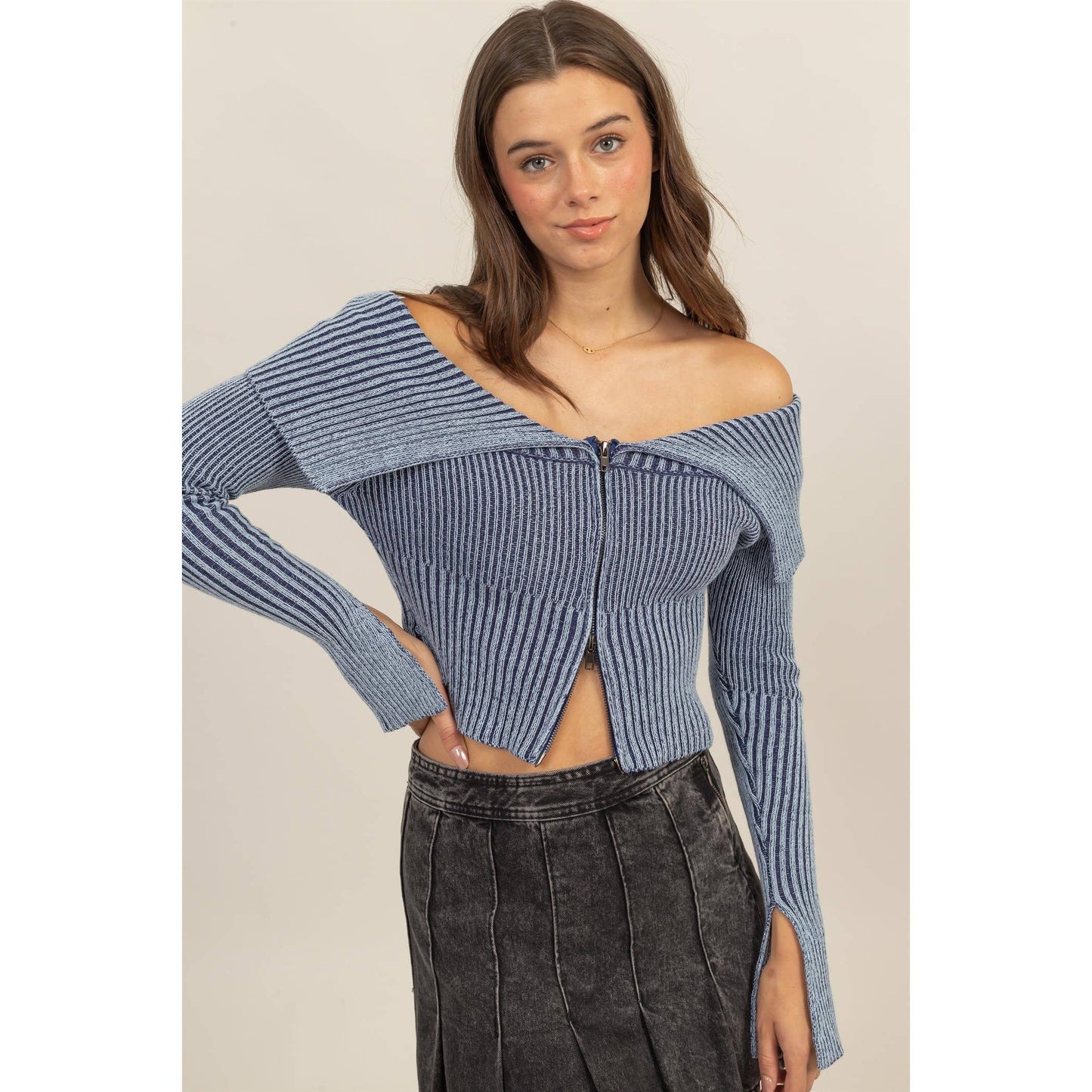 HF24F769-Washed Off-Shoulder Zip-Front Sweater Top