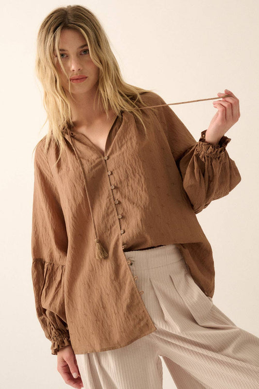 Solid Jacquard Lantern-Sleeve Button-Up Blouse