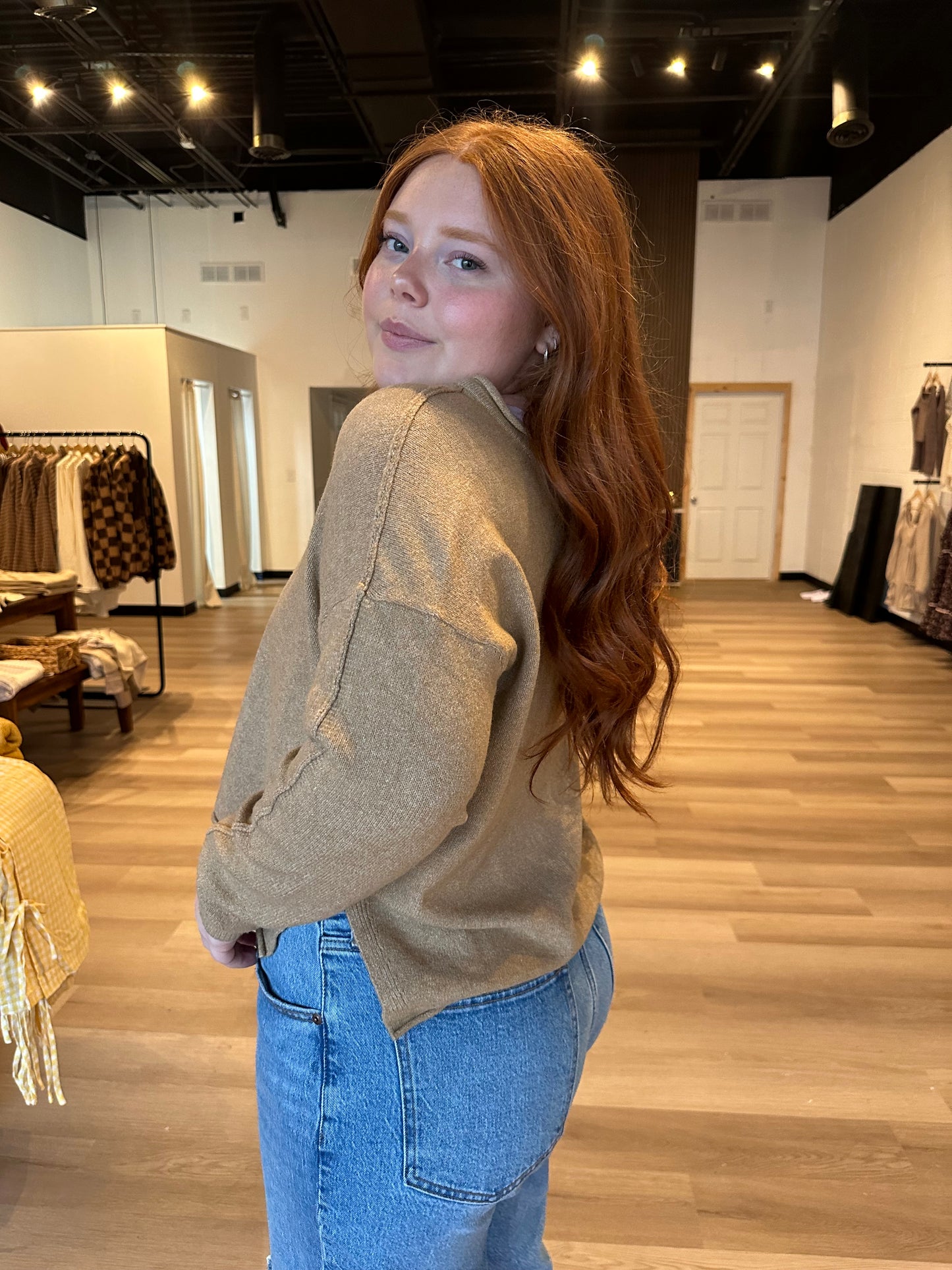 Exposed Seam Split Neck Sweater