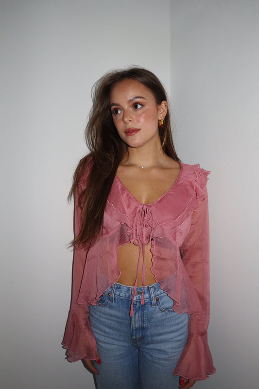 Pinky Ruffle Front Tie Blouse