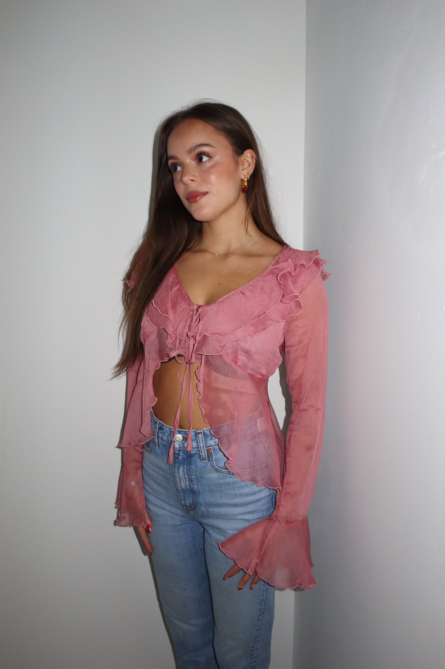 Pinky Ruffle Front Tie Blouse