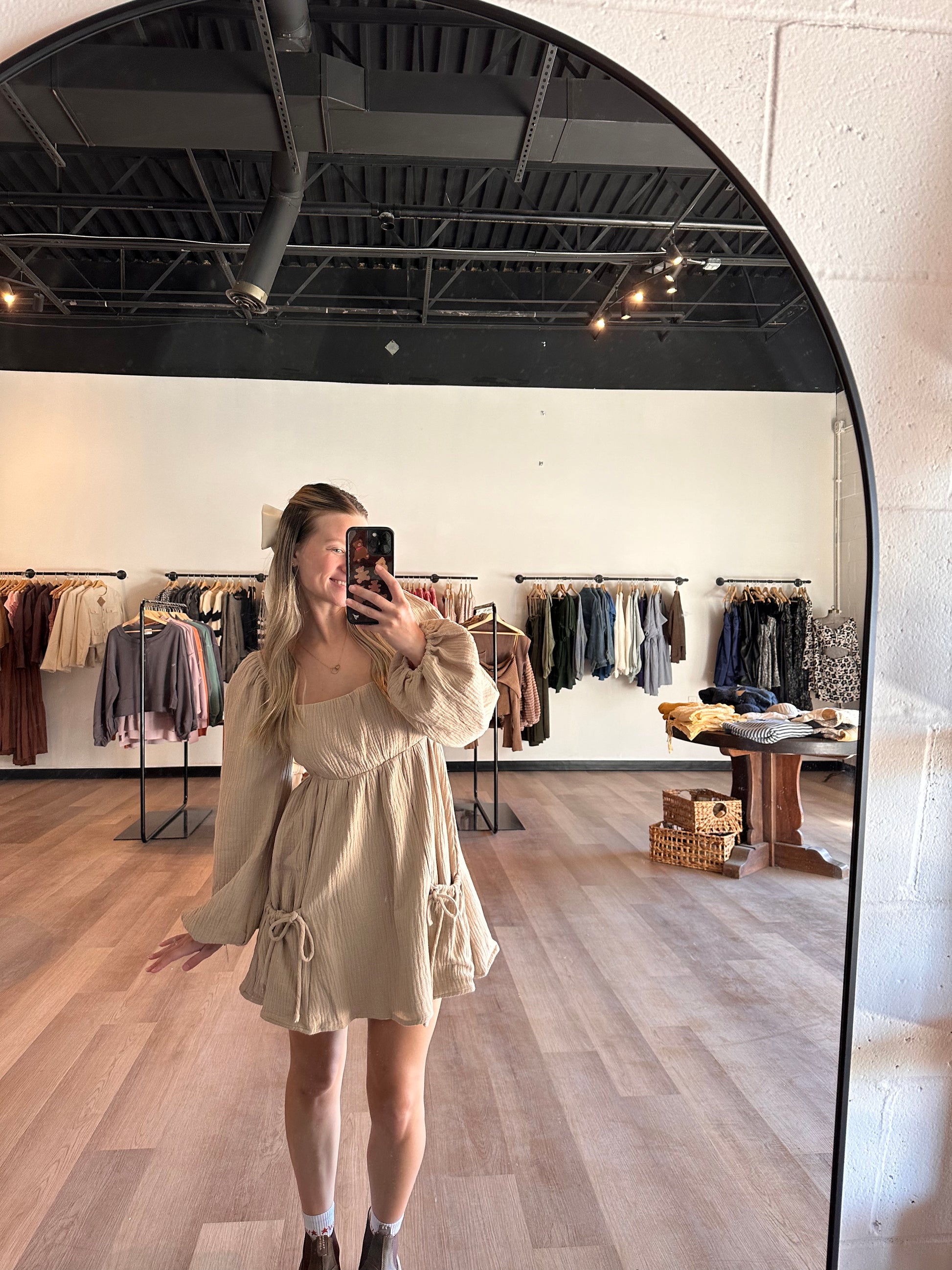 Delilah Long Sleeve Mini Dress - S / TAUPE Delilah Long Sleeve Mini Dress - S / TAUPE