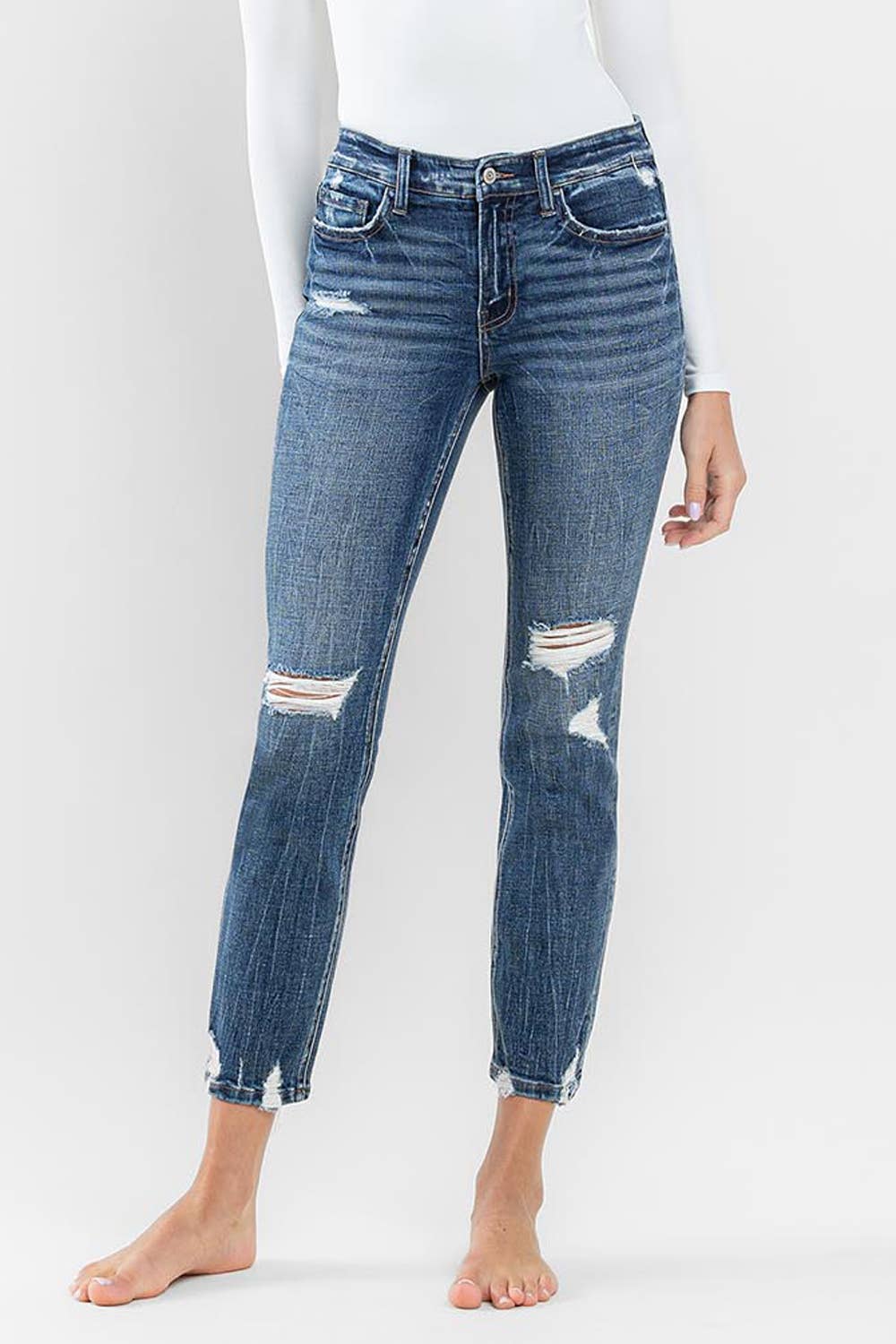 MID RISE DISTRESSED CROP SLIM STRAIGHT JEANS F5297