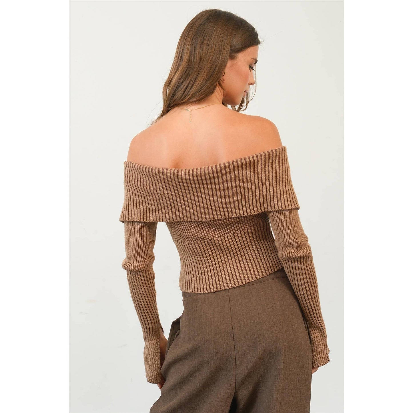 HF24F769-Washed Off-Shoulder Zip-Front Sweater Top