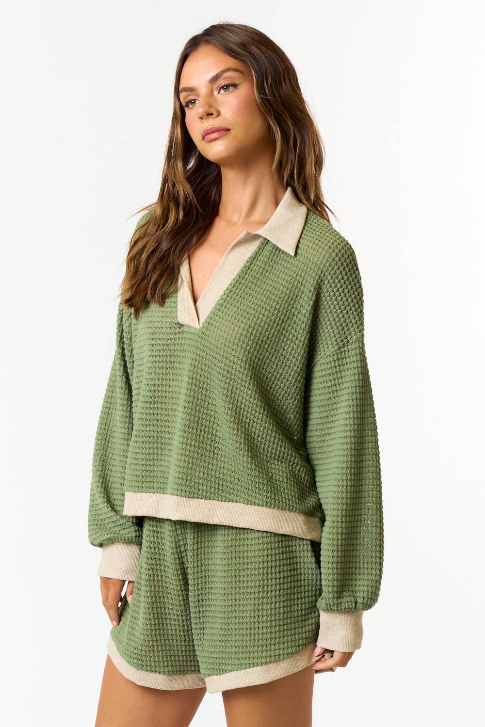 BT25102 WAFFLE KNIT COLOR BLOCK POLO TOP