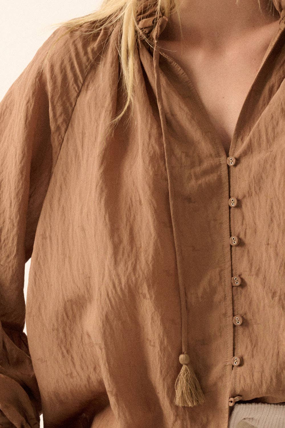Solid Jacquard Lantern-Sleeve Button-Up Blouse