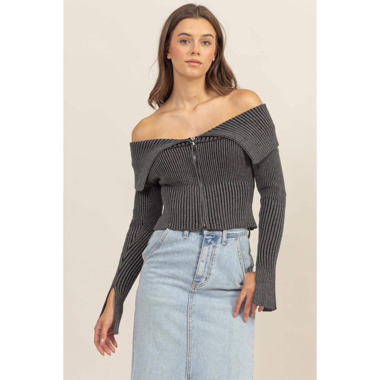 HF24F769-Washed Off-Shoulder Zip-Front Sweater Top