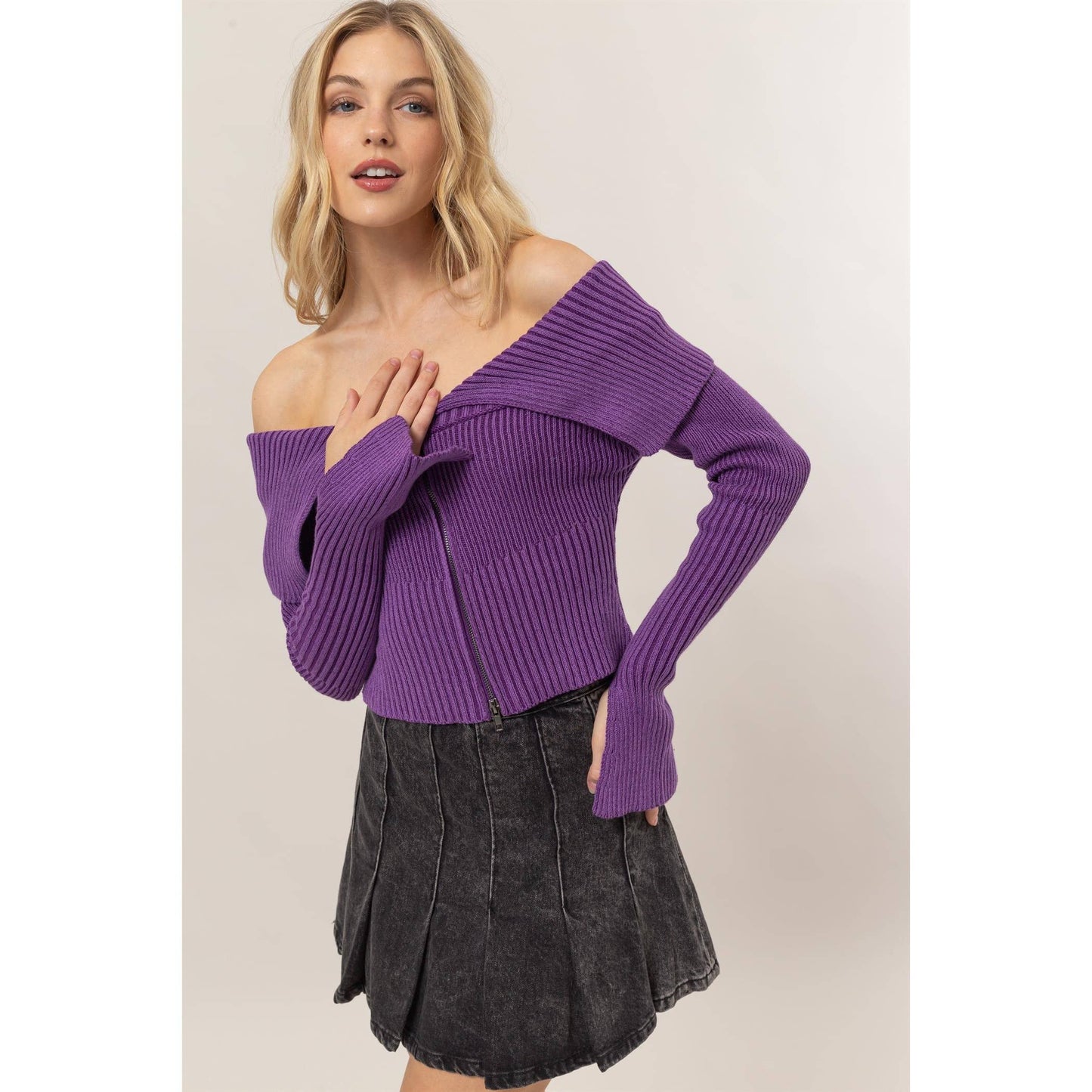 HF24F769-Washed Off-Shoulder Zip-Front Sweater Top