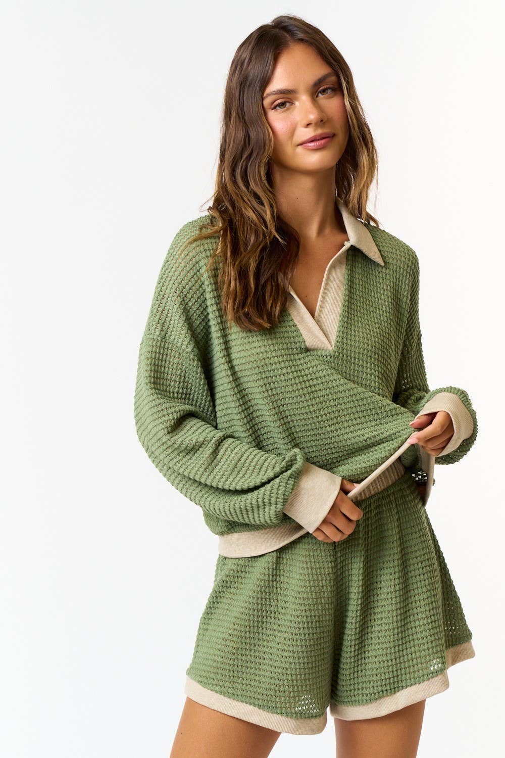 BT25102 WAFFLE KNIT COLOR BLOCK POLO TOP