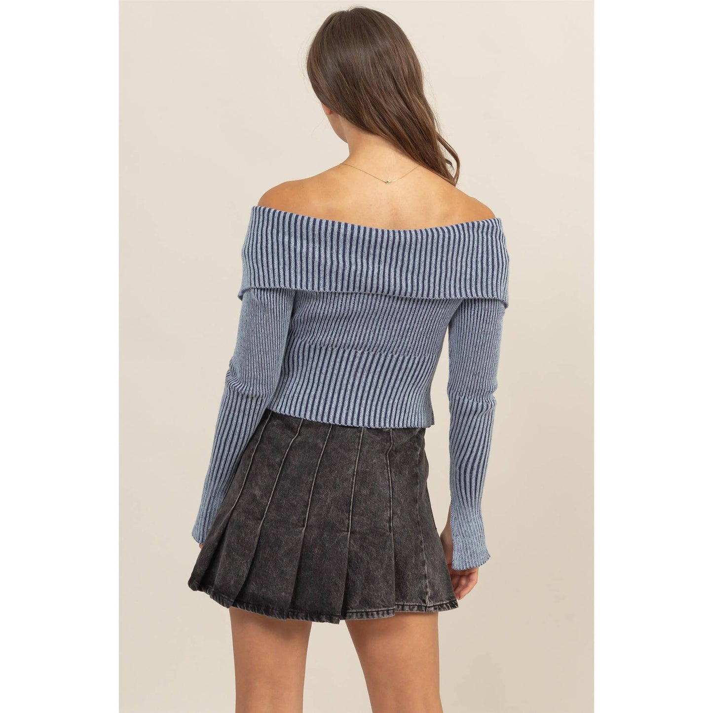 HF24F769-Washed Off-Shoulder Zip-Front Sweater Top